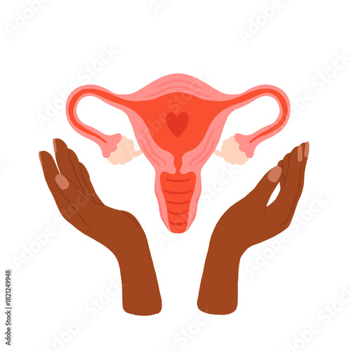 Uterus Care Vector Illustration Held by Hands of a Black Woman, Female Reproductive Health Support, Womens Wellness, Gynecology Awareness, Love and Protection Concept