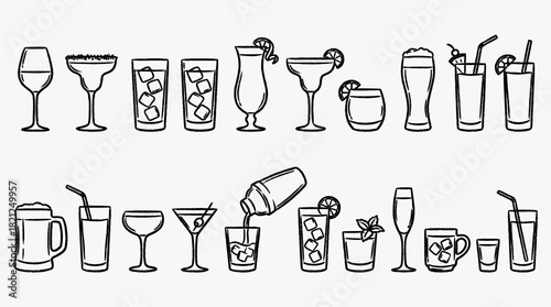 Elegant Line Art Collection of Various Alcoholic and Non Alcoholic Beverages