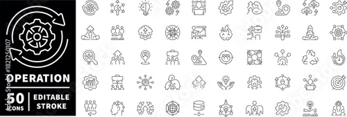 Operations icons set. linear, editable line icons for workflow and process management