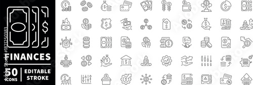 Finance icons set. editable line icons for banking, currency, and investment