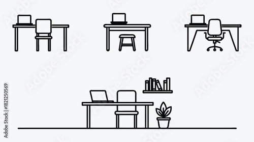 Minimalist office space illustration with desk chair and computer setup
