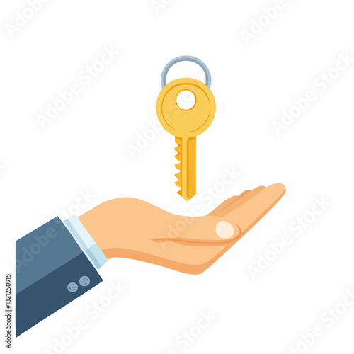 An illustrated hand in a business suit offering a large golden key against a clean white background with a minimalist flat lay composition.