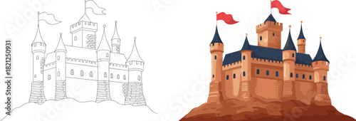 Castle illustration coloring page, fantasy architecture, medieval towers, flags, hilltop fortress, vector drawing, black and white, full color 