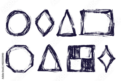 Hand Drawn Grunge Geometric Set. Rough ink circles, triangles, squares and diamonds with textured brush strokes on white background. Perfect for media, posters, banners, cards and web.