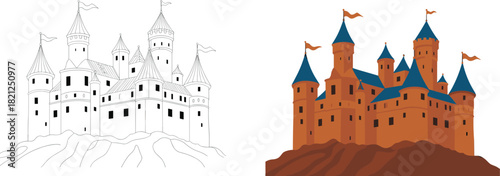 Castle illustration transformation, line to color, medieval architecture, tower flags, rocky terrain, fantasy building, cartoon fortress, art comparison