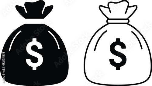 Black and white money bag icons with dollar sign finance currency