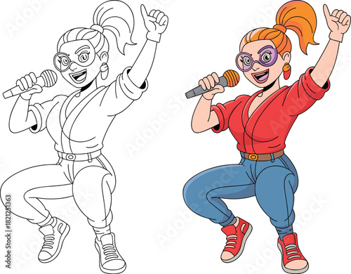 Female singer cartoon, microphone pose, coloring page, energetic character, music performance, black and white, full color illustration