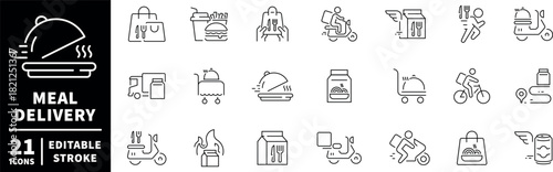 Meal delivery icons set . editable line icons for food service and logistics