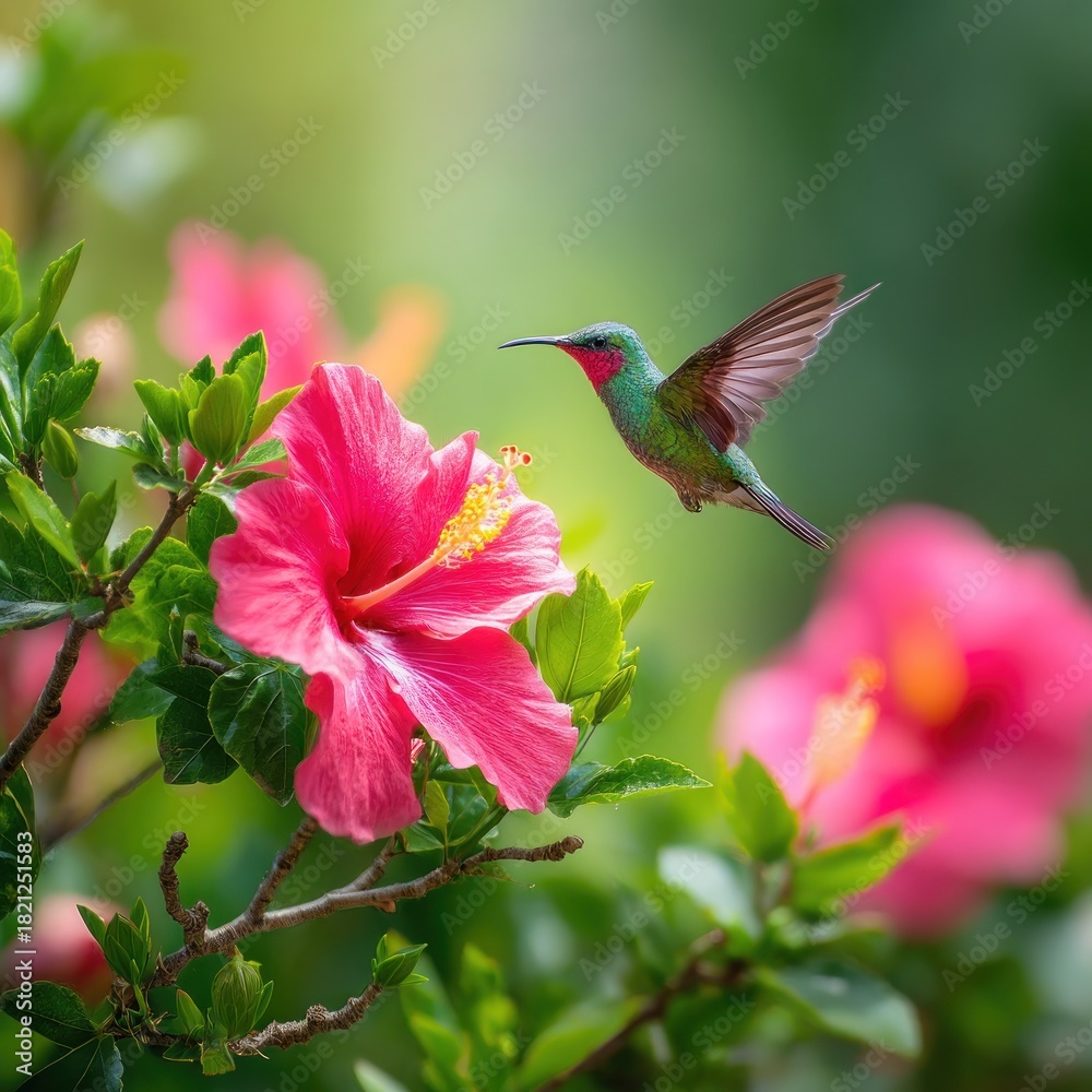 Obraz premium Hummingbird flying near pink hibiscus flowers in bloom
