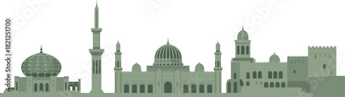 Islamic skyline illustration, mosque architecture, green domes, minarets and arches, cultural heritage, traditional buildings, Middle Eastern art