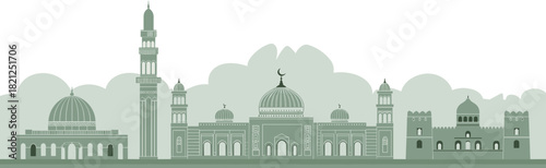 Islamic architecture skyline, mosque illustration, green dome art, minaret silhouette, cultural heritage, traditional design, serene cityscape, religious landmark