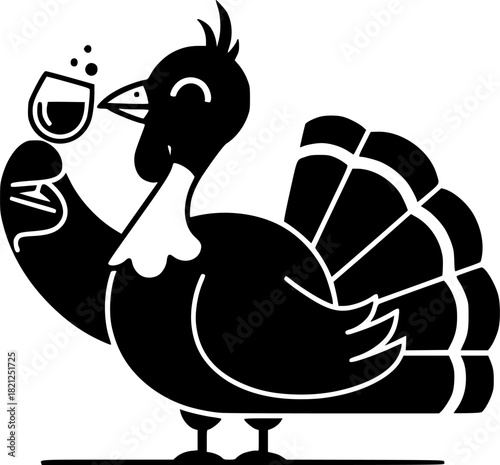 Cartoon happy cute thanksgiving turkey bird drinking wine after meal. Design for Thanksgiving Day. Vector illustration
