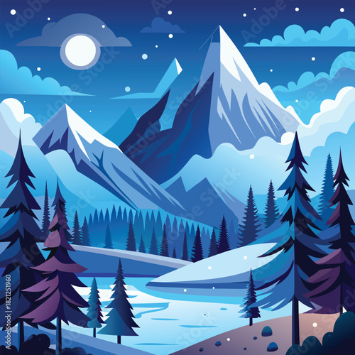 Snowy mountains and pine trees under a moonlit night. snowy