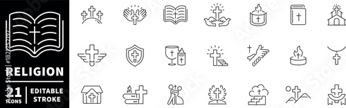 Religion icons set. editable line icons, outline, spiritual, faith symbols