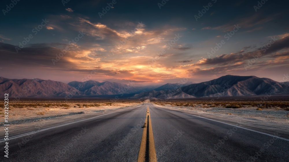 Fototapeta premium Road leading to mountains during sunset