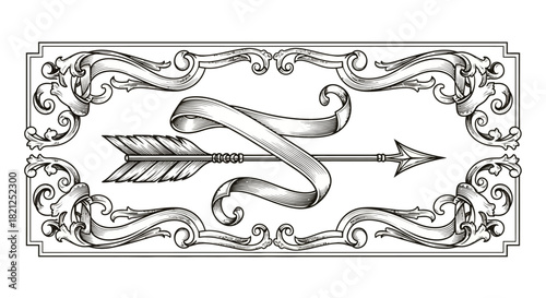 Ornate vintage illustration of an arrow with a flowing ribbon, framed by elaborate scrollwork.