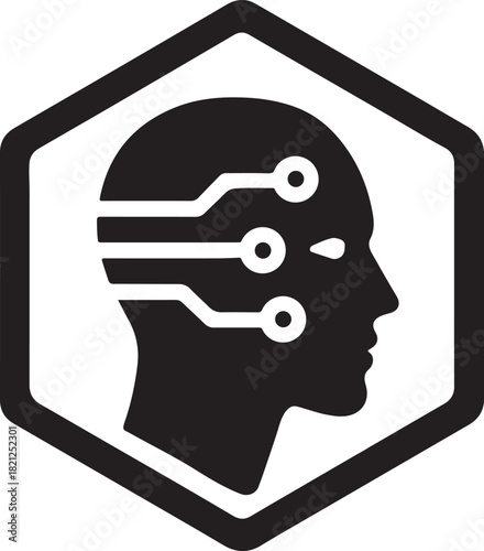AI agent head silhouette emerging from hexagonal frame representing modern digital identity.