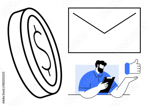 Dollar coin, envelope symbolizing communication, professional reviewing details on a tablet, and thumbs-up hand gesture. Ideal for finance, business, communication, marketing, teamwork approval