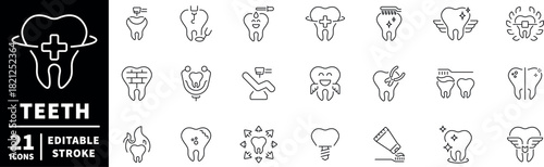 Dental care icons set. editable line icons, outline, teeth, hygiene symbols