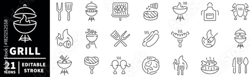 Grill and barbecue icons set. editable line icons, outline, cooking symbols