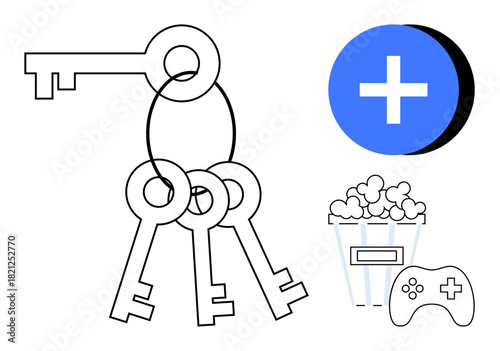 Access concept. Keys and subscription icons signify unlocking media services thumbs up gaming, movies, and premium content. Access digital platforms and services. For streaming, gaming, technology