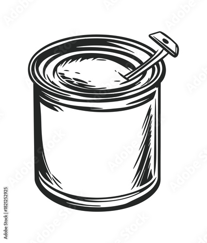 Hand drawn sketch illustration of an open tin can with a pull tab and contents inside