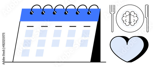 Spiral calendar, heart shape, brain on plate with fork and knife emphasizing mindfulness, self-care, meal planning, health routines, productivity, lifestyle balance, and flat simple metaphor
