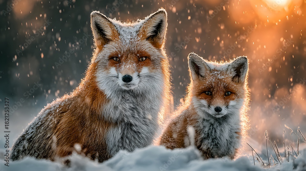 Naklejka premium Stunning, photorealistic wildlife photograph of a beautiful mother fox and her adorable cub sitting together in a serene, snowy landscape at sunset.