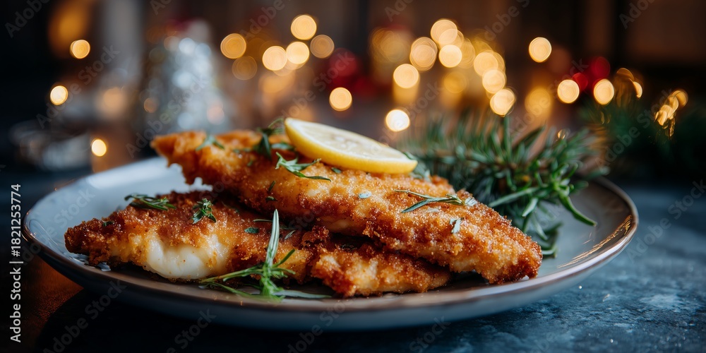 Fototapeta premium Crispy fried fish fillet with lemon and herbs rests on a festive plate with warm lights. A traditional Polish Christmas Eve dish known as fried carp.