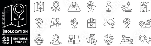 Geolocation icons set. editable line icons, outline, navigation, and map symbols