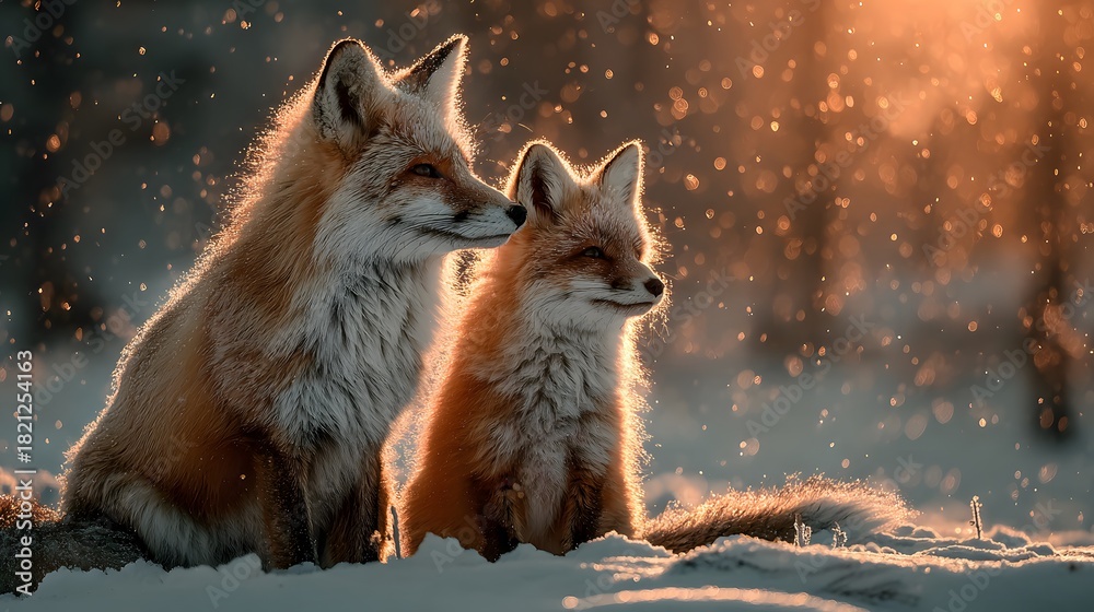 Naklejka premium Stunning, photorealistic wildlife photograph of a beautiful mother fox and her adorable cub sitting together in a serene, snowy landscape at sunset.