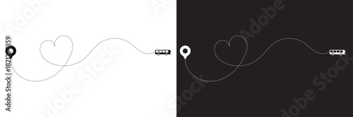 Bus line path on white and black background.  Tourism and travel concept. Vector illustration of  bus in dotted line shape with  arrival pin in flat style.