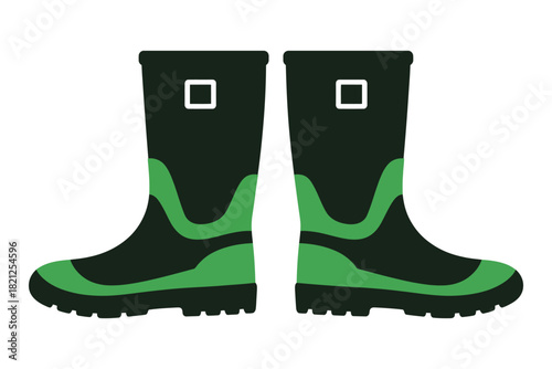 A pair of dark green and lime green rubber boots are displayed side by side.