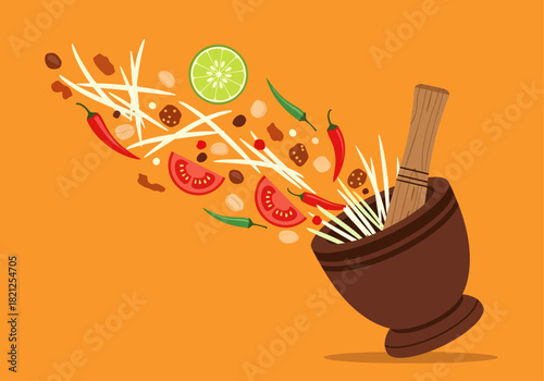 Vibrant ingredients for Thai Som Tum, including spicy chilies, lime, peanuts, and shredded papaya, dynamically cascade into a traditional brown mortar and pestle set against a warm orange background