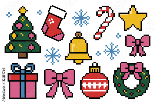 A collection of pixelated Christmas icons includes a tree, stocking, bell, and gifts.