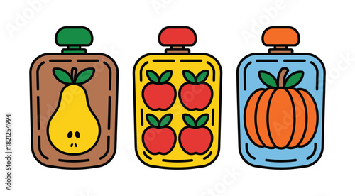 Three different pouches of baby food with illustrations of fruit and vegetables