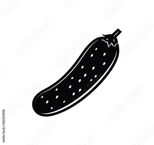 Black and white illustration of a single fresh cucumber with seeds on a white background