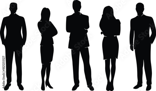 Set of Business People Silhouettes Vector Illustration, Diverse Team of Professional Men and Women in Suits Standing Confidently with Arms Crossed, Corporate Group Concept.