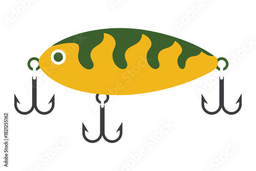 A vibrantly colored fishing lure with three sharp hooks is depicted against a white background.
