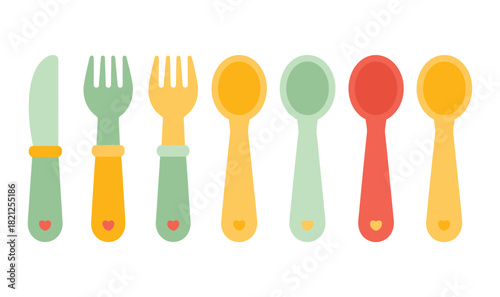 A set of colorful children's cutlery arranged in a line.