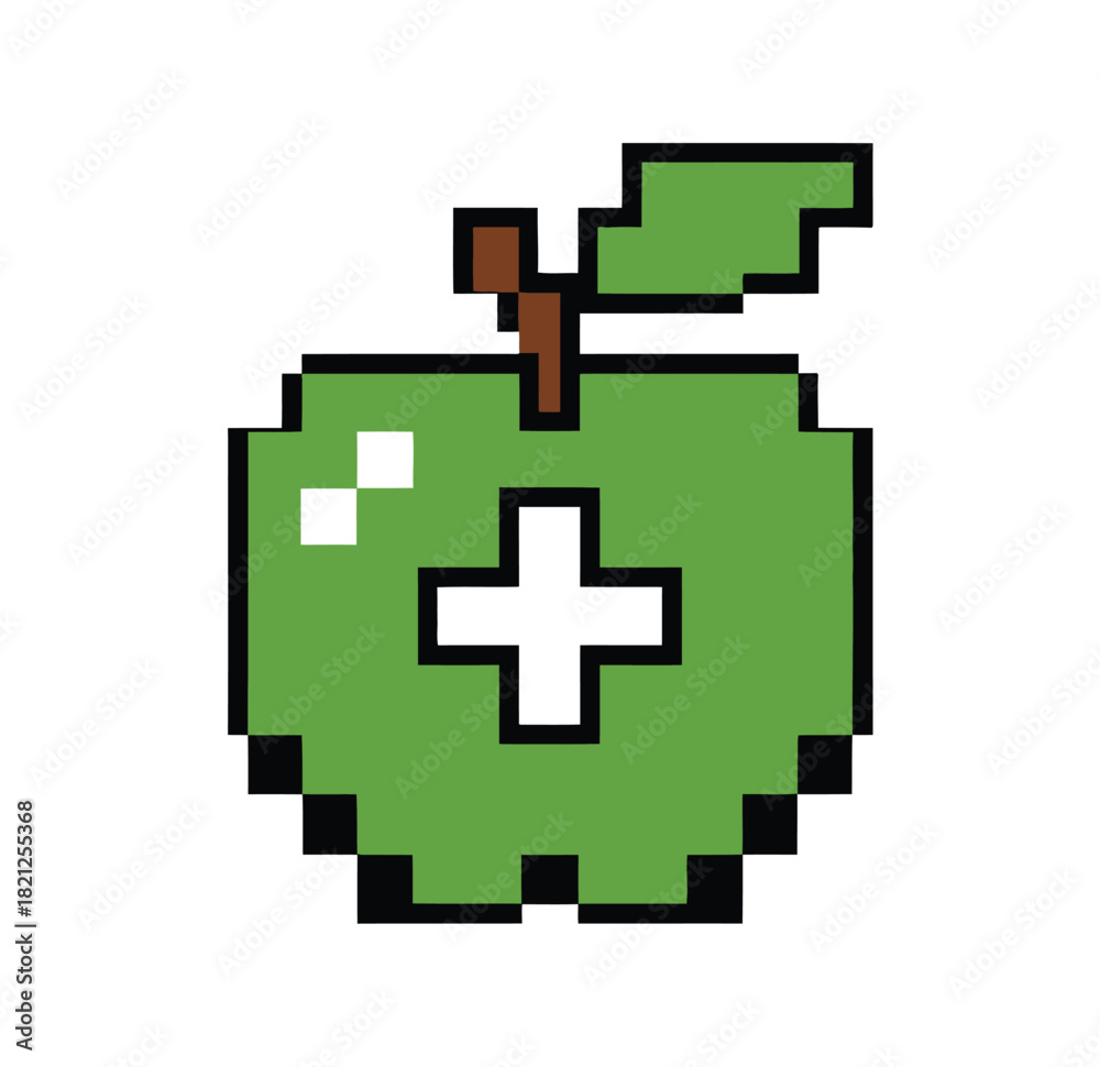 Obraz premium Pixelated green apple with a white plus sign on a white background