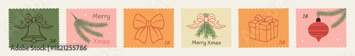 Hand-drawn doodle-style winter holiday postage stamps with Christmas and New Year motifs. Festive postmark vector illustrations ideal for posters, postcards, mail art,and seasonal scrapbooking designs