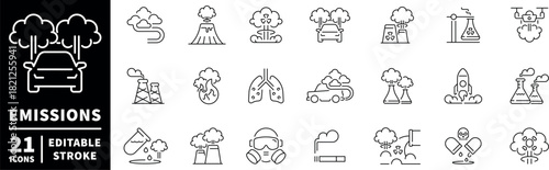 Emissions editable line icons set. outline, pollution, environmental symbols