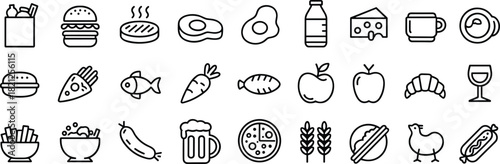 Food and Drink Icons with Burger Fries Pizza and Drinks vector illustration