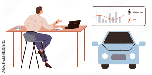 Man at desk reviewing safety data on laptop and charts, illustrating vehicle safety analytics, workplace research, technology integration, data trends, transportation planning. Ideal for technology
