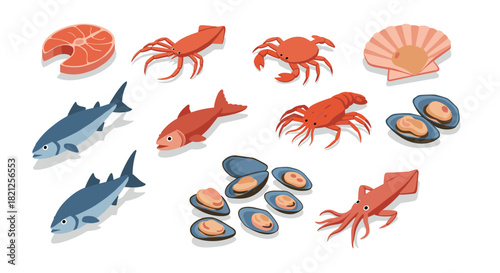 Isometric seafood variety with salmon, crabs, and clams in modern design