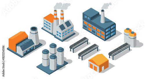 Isometric industrial buildings and factories collection with conveyor belts