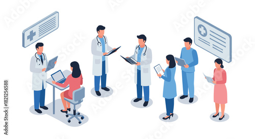 Healthcare team using technology in hospital setting with medical professionals in isometric style