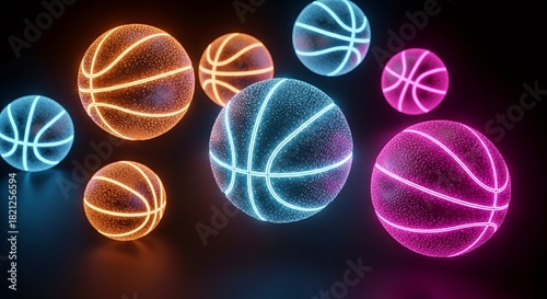 Glowing basketballs in vibrant colors float against a dark background, creating a futuristic, energetic visual.