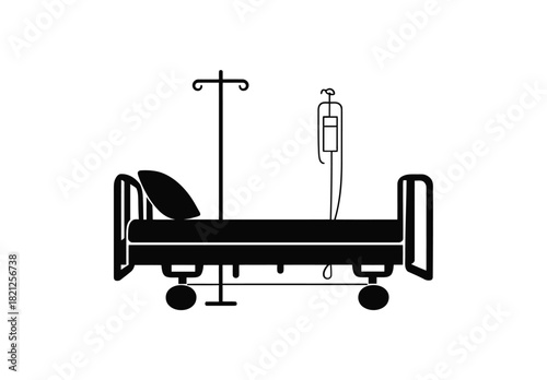 Silhouette of a hospital bed with an iv pole and bag on a white background